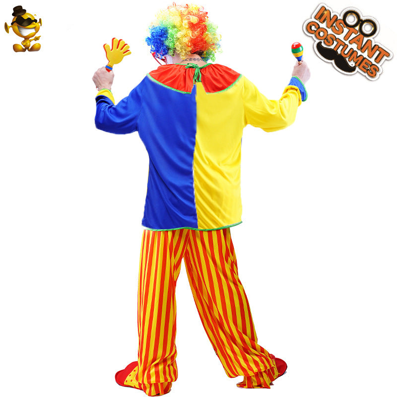 Disfraz de payaso para hombre con parches, ideal para fiestas de Halloween o para actuaciones escénicas.