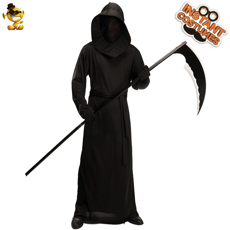 Black Demon Halloween Costume for Men with Scythe Cosplay Outfit Stage Performance Reaper Costume