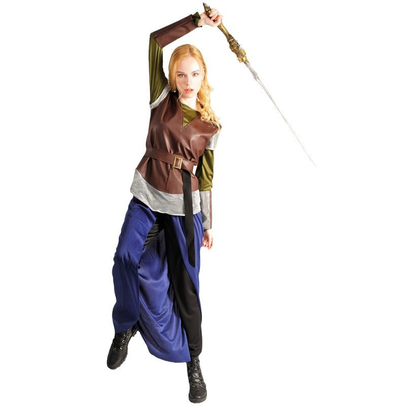 Costume de guerrier médiéval européen en cuir pour femme, cosplay d'Halloween