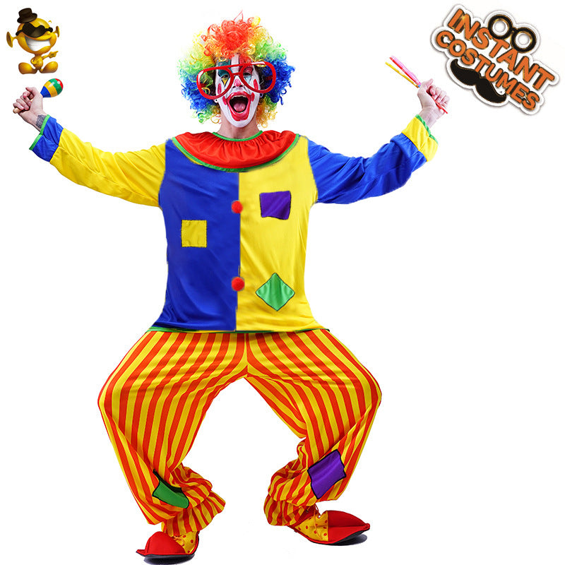 Disfraz de payaso para hombre con parches, ideal para fiestas de Halloween o para actuaciones escénicas.