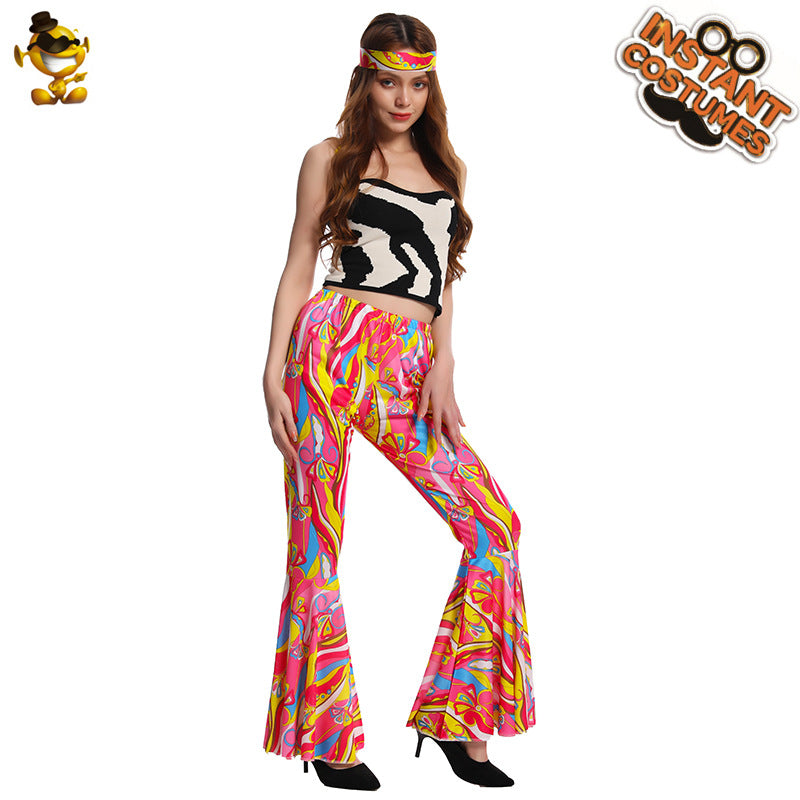 Pantalon évasé hippie vintage pour femme, tenue de soirée, cosplay, Halloween, années 70