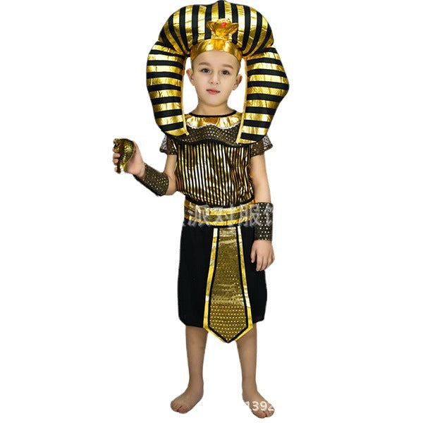 Disfraz de faraón egipcio para niños, ideal para fiestas infantiles de Halloween y presentaciones escénicas.