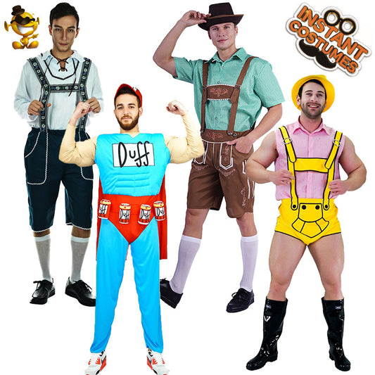 Costume de bière à carreaux verts avec bretelles marron pour cosplay de fête d'Halloween