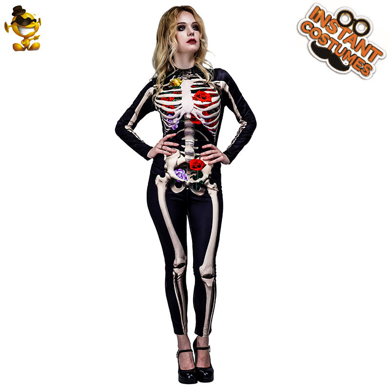 Halloween women's scary rose skeleton jumpsuit cosplay costume for adults