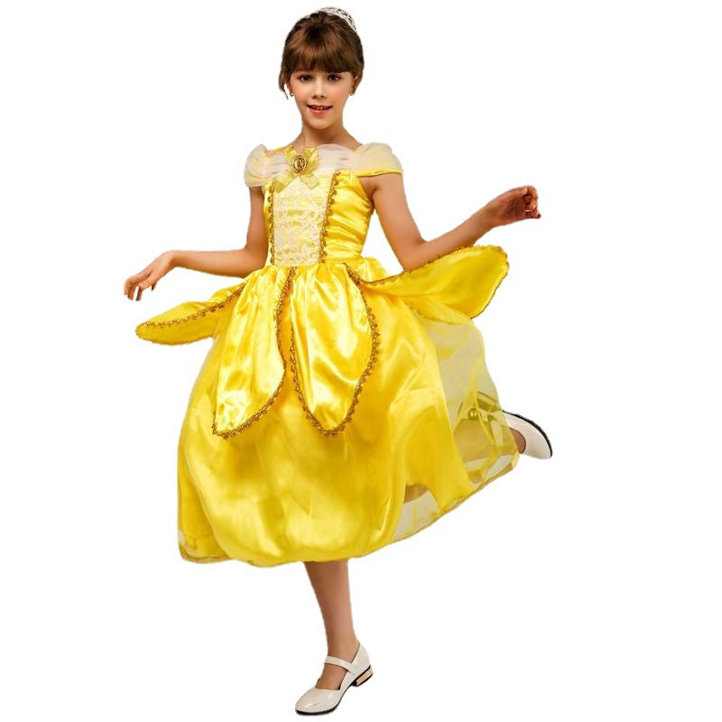 yellow princess dress for girls kids stage costume role play cosplay Halloween party