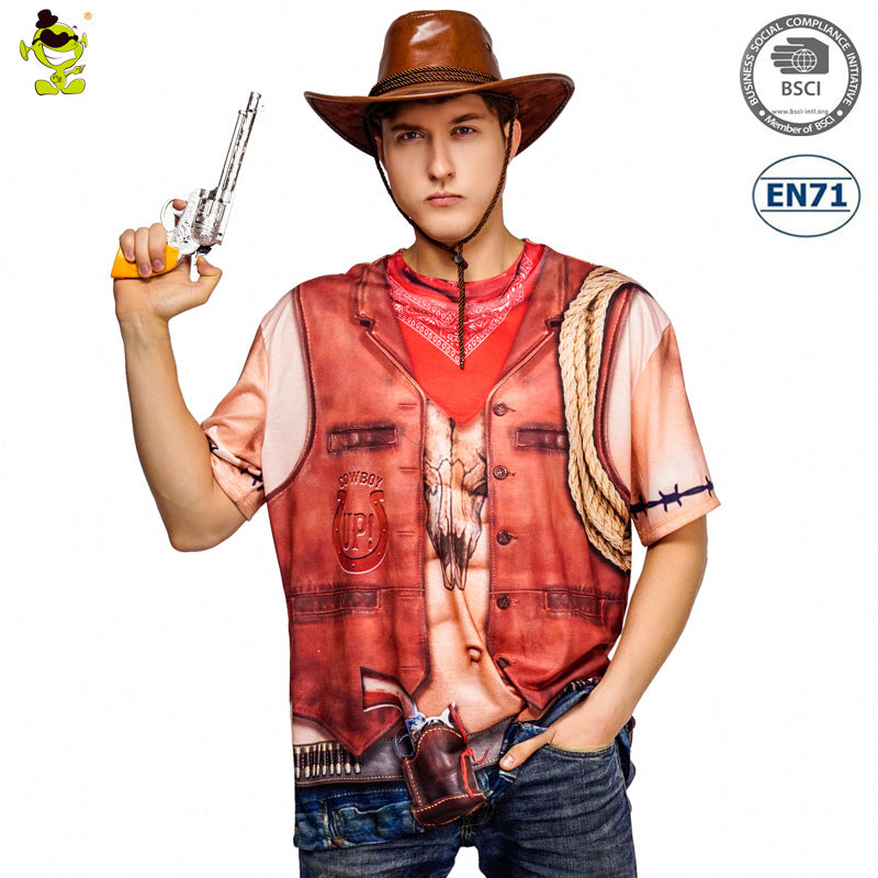 Halloween digital print t-shirt cowboy firefighter pirate caveman costume for stage party cosplay