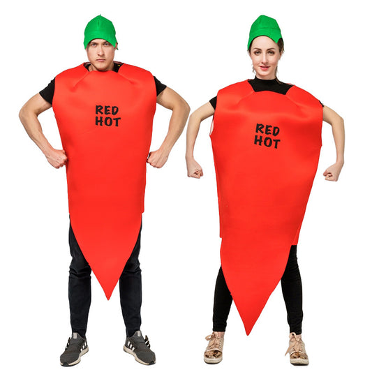 Costume d'Halloween couple combinaison poivron rouge avec capuche drôle scène rôle tenue de fête