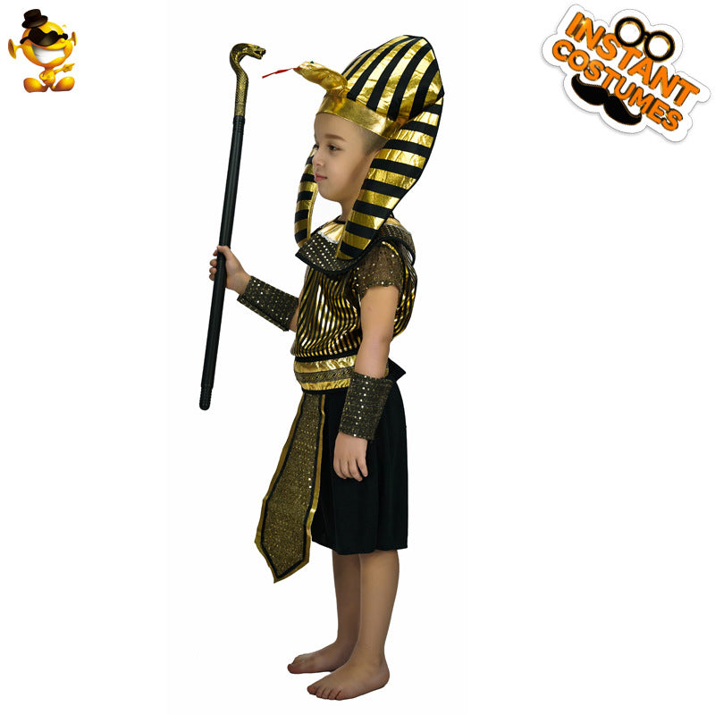 Disfraz de faraón egipcio para niños, ideal para fiestas infantiles de Halloween y presentaciones escénicas.