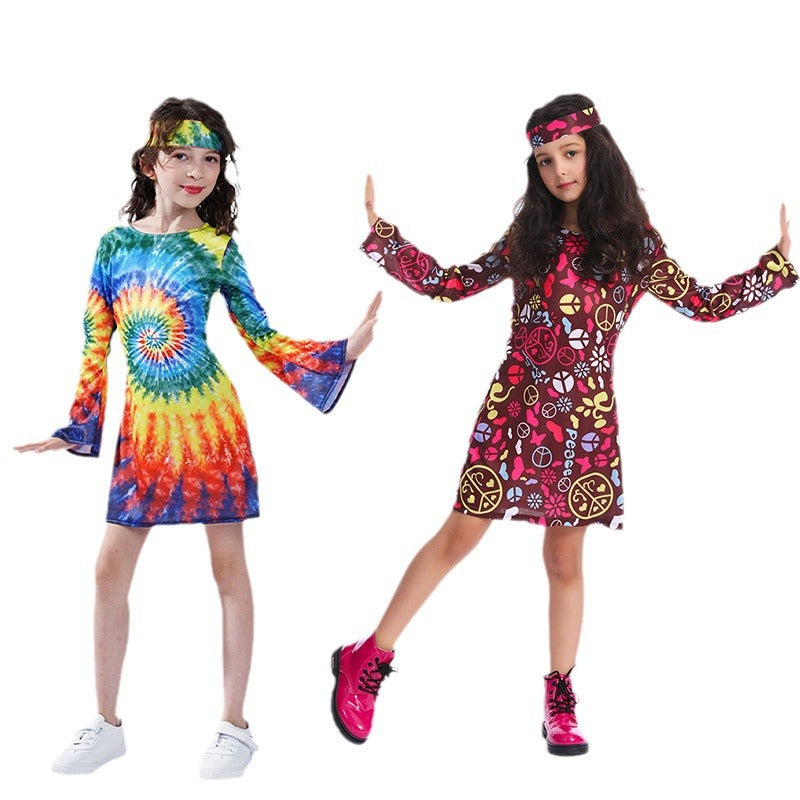 girls hippie costume vintage colorful dress for stage performance cosplay halloween