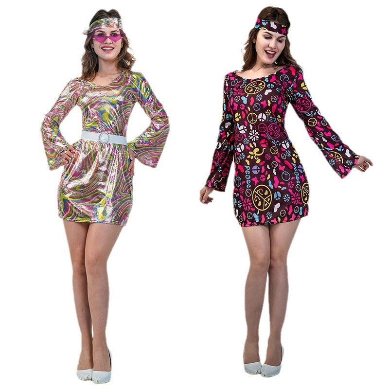 Cape hippie pour femme, costume d'Halloween vintage, tenue de fête cosplay