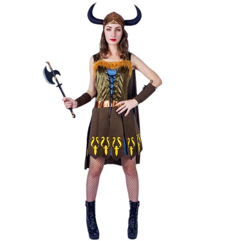 viking hunter costume with horns for halloween cosplay stage performance