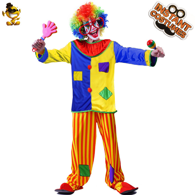 Disfraz de payaso para hombre con parches, ideal para fiestas de Halloween o para actuaciones escénicas.