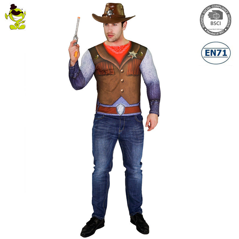 Halloween digital print t-shirt cowboy firefighter pirate caveman costume for stage party cosplay