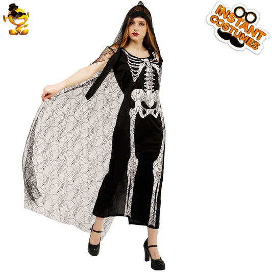 Costume de squelette adulte d'Halloween pour femme, robe de soirée cosplay