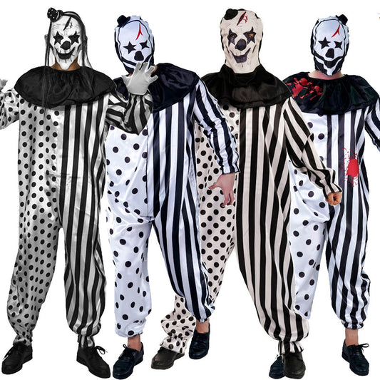 Costume de clown sanglant effrayant pour adulte Halloween pour homme, tenue de cosplay de clown maléfique noir et blanc