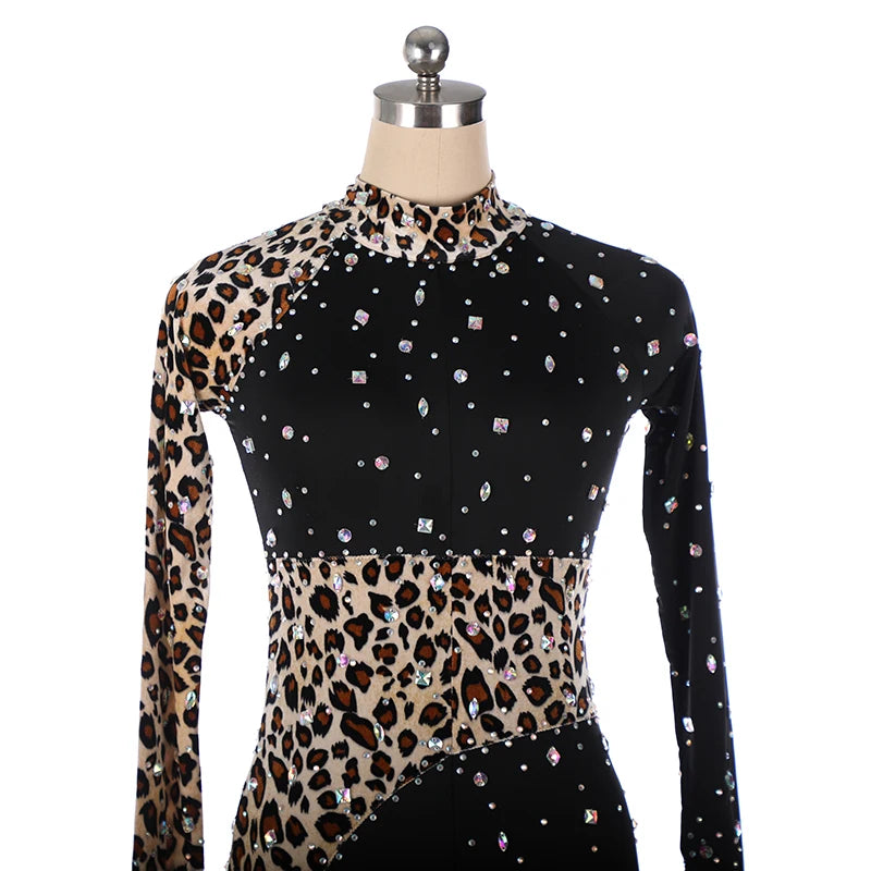 Figure Skating Tights Jumpsuit Black Leopard Print Girls Kids Women