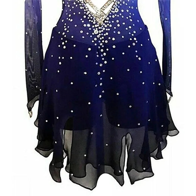 Figure Skating Dress Women's Girls' Ice Skating Dress Blue Stretchy Training Competition Skating Wear Thermal Warm Long Sleeve