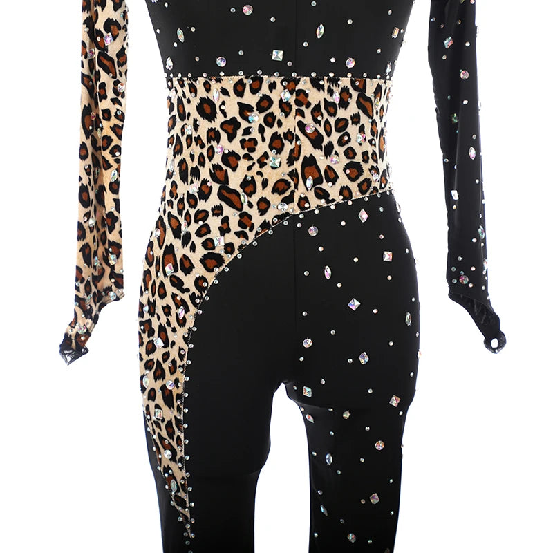 Figure Skating Tights Jumpsuit Black Leopard Print Girls Kids Women
