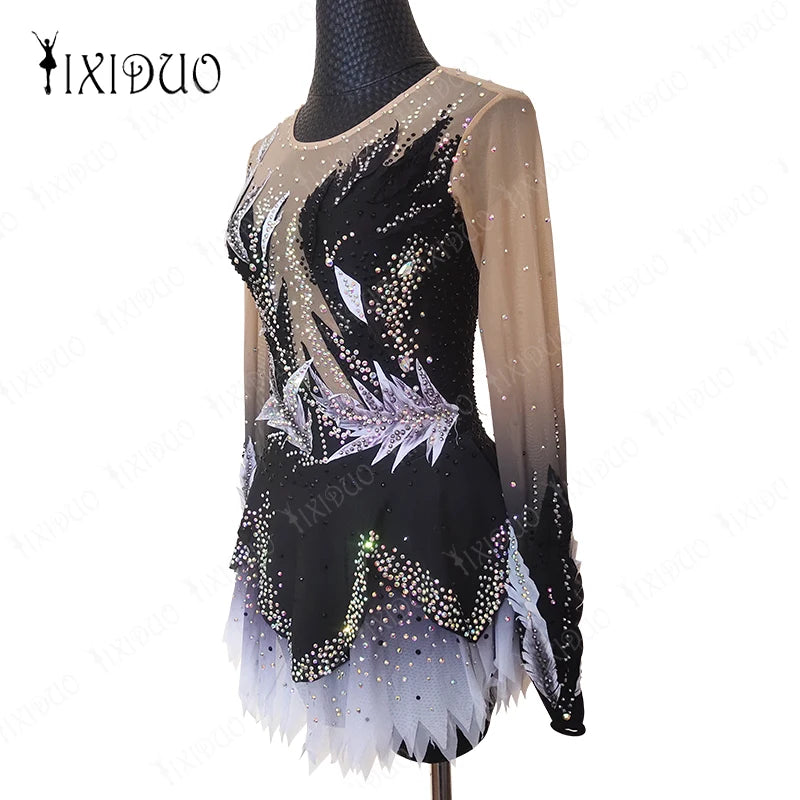 Ice Figure Skating Dress Rhinestone Long Sleeve Spandex Adult Kids