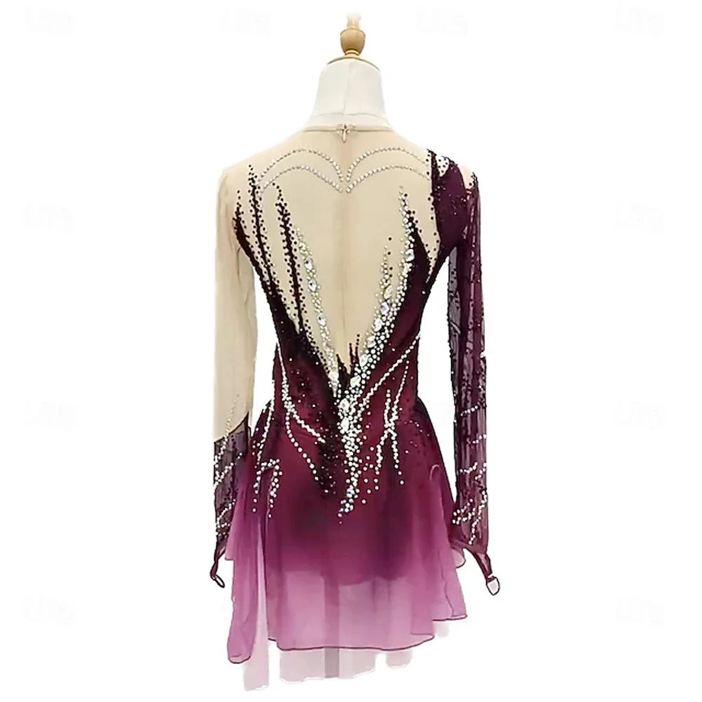 Girls' Ice Skating Dress Burgundy Dark Green Patchwork Thumbhole Mesh High Elasticity Training Competition Skating Wear Classic