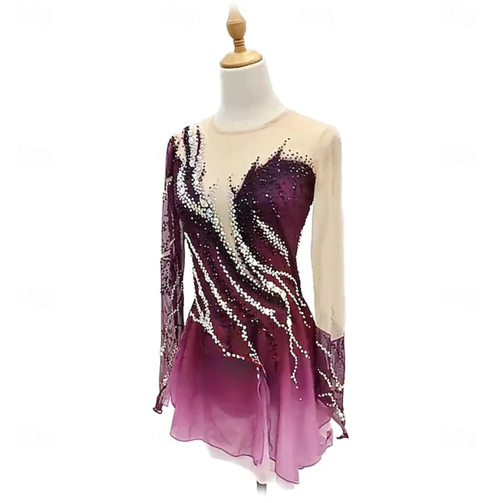 Girls' Ice Skating Dress Burgundy Dark Green Patchwork Thumbhole Mesh High Elasticity Training Competition Skating Wear Classic