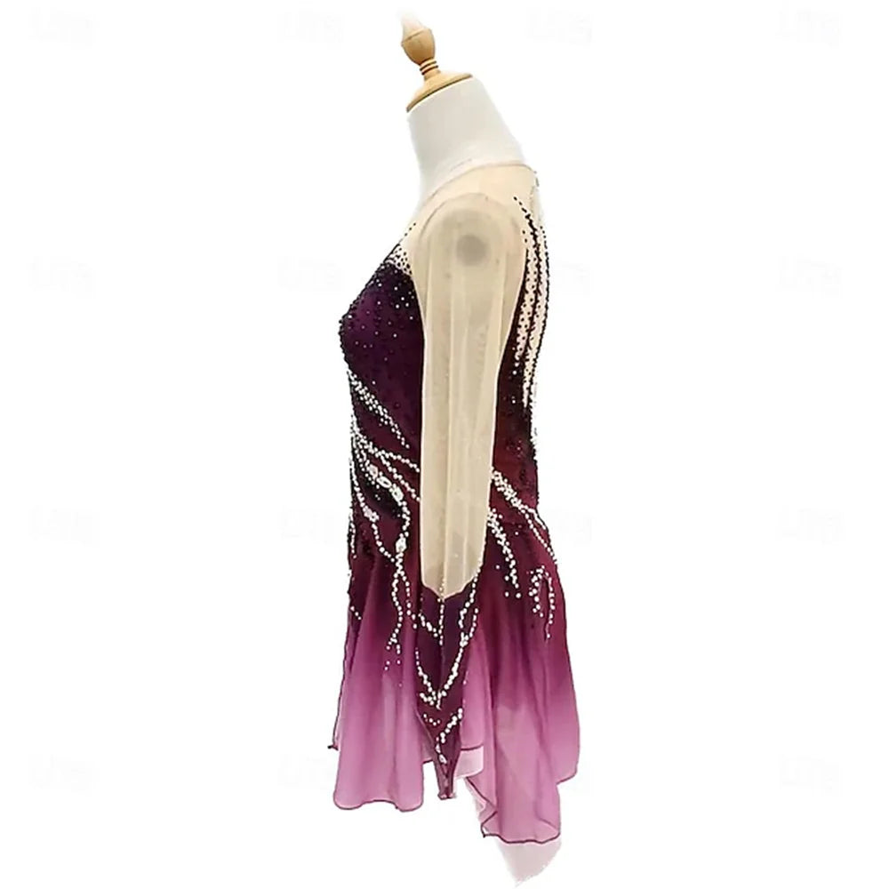 Girls' Ice Skating Dress Burgundy Dark Green Patchwork Thumbhole Mesh High Elasticity Training Competition Skating Wear Classic