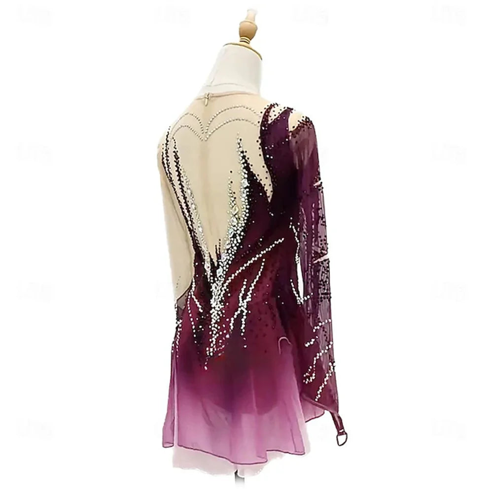 Girls' Ice Skating Dress Burgundy Dark Green Patchwork Thumbhole Mesh High Elasticity Training Competition Skating Wear Classic