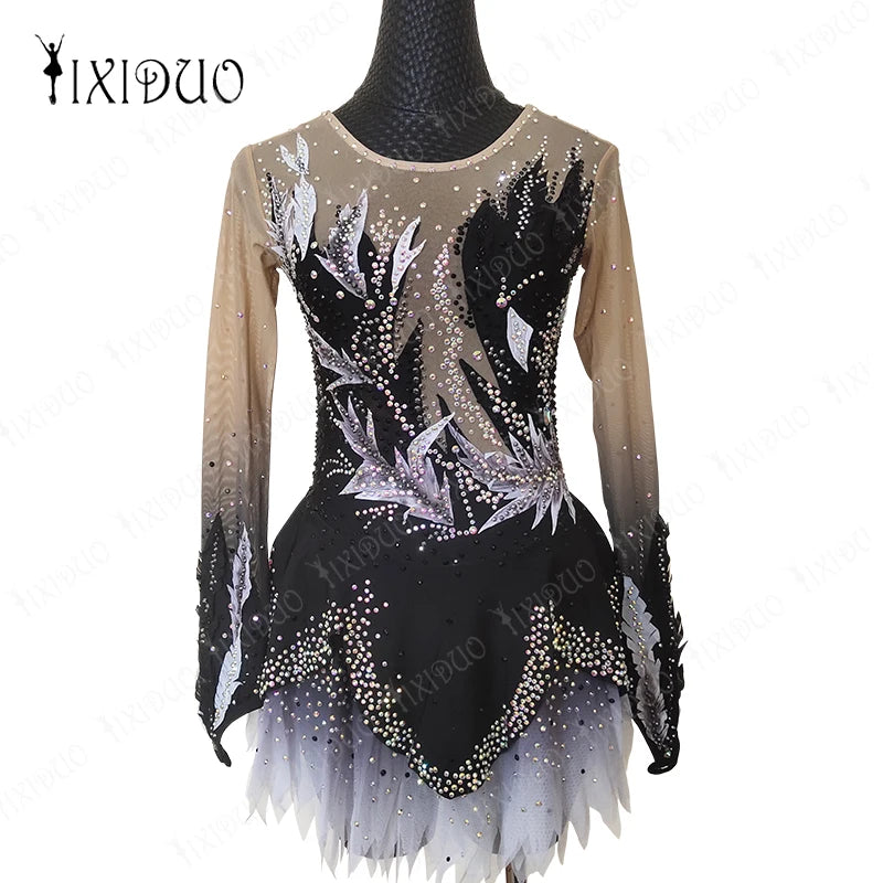 Ice Figure Skating Dress Rhinestone Long Sleeve Spandex Adult Kids