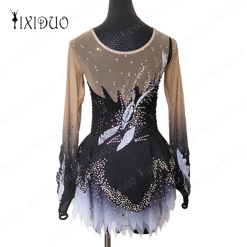 Ice Figure Skating Dress Rhinestone Long Sleeve Spandex Adult Kids