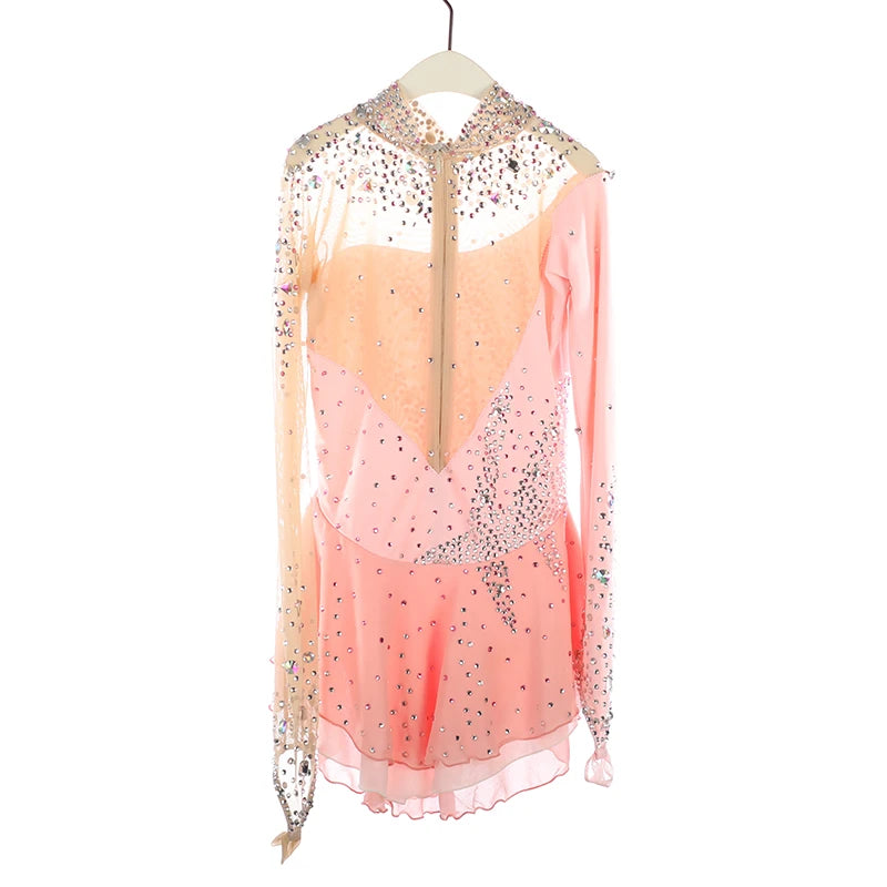 Girls Kids Figure Skating Dress Long Sleeve Pink Shiny Custom