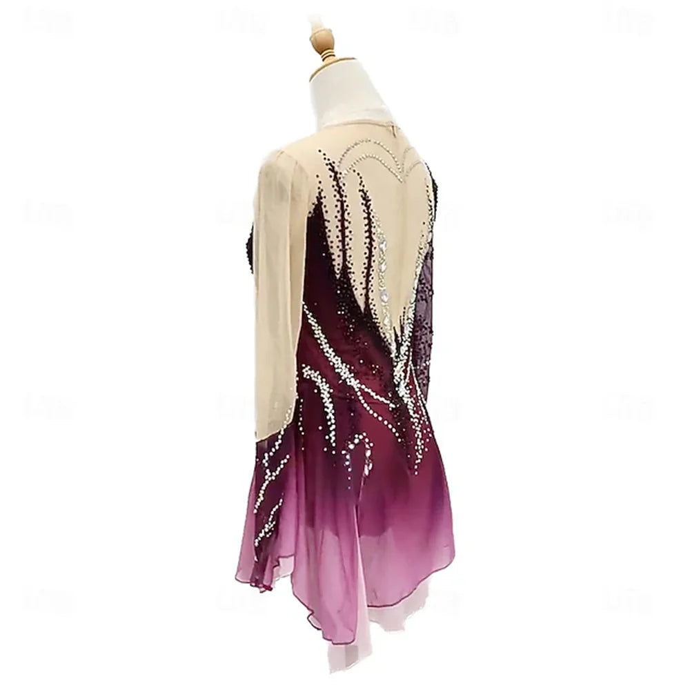 Girls' Ice Skating Dress Burgundy Dark Green Patchwork Thumbhole Mesh High Elasticity Training Competition Skating Wear Classic