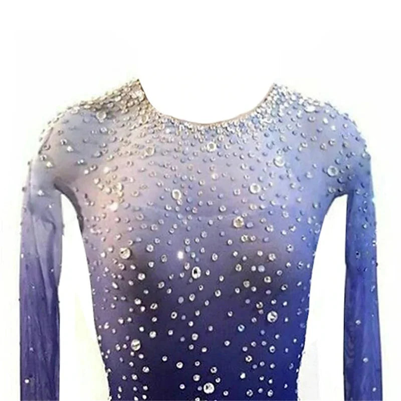 Figure Skating Dress Women's Girls' Ice Skating Dress Blue Stretchy Training Competition Skating Wear Thermal Warm Long Sleeve