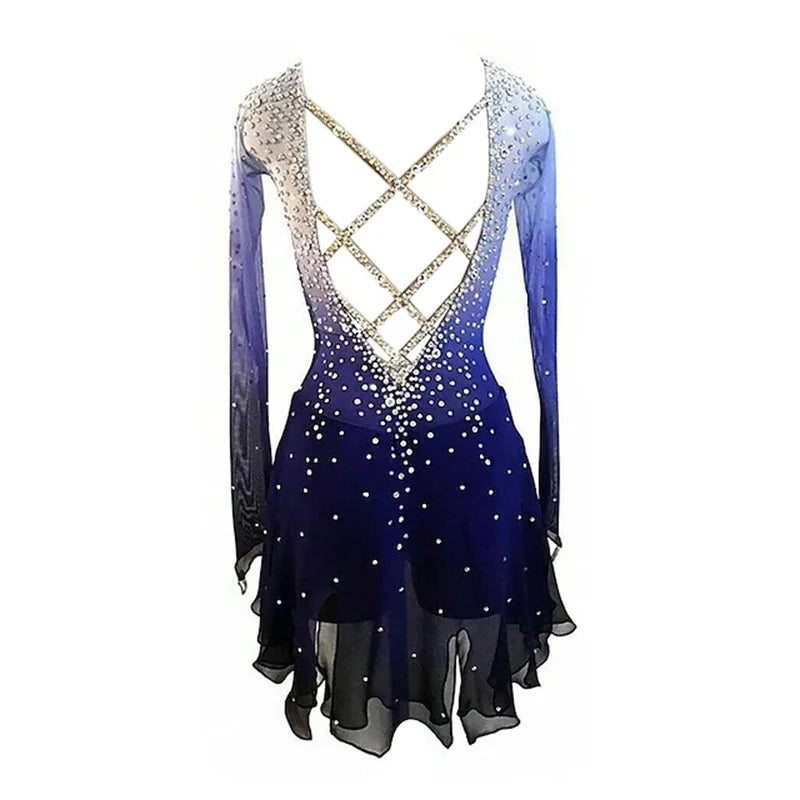 Figure Skating Dress Women's Girls' Ice Skating Dress Blue Stretchy Training Competition Skating Wear Thermal Warm Long Sleeve