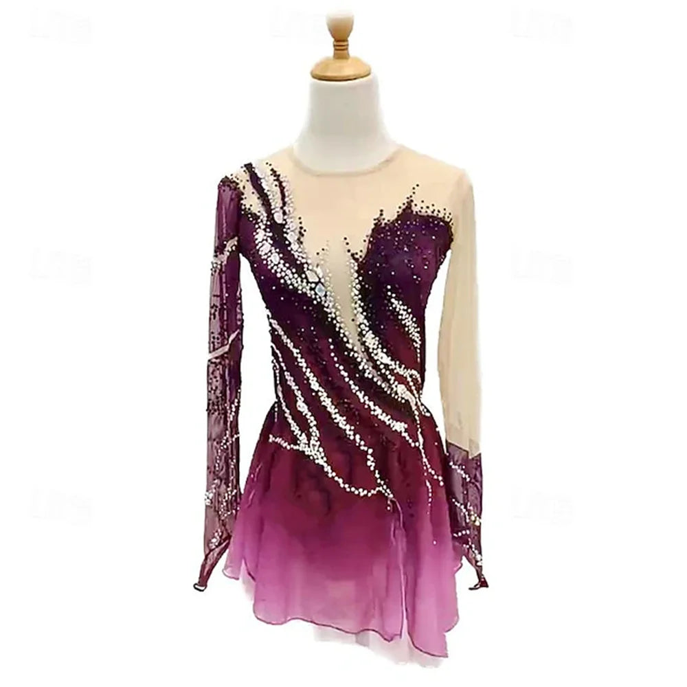 Girls' Ice Skating Dress Burgundy Dark Green Patchwork Thumbhole Mesh High Elasticity Training Competition Skating Wear Classic
