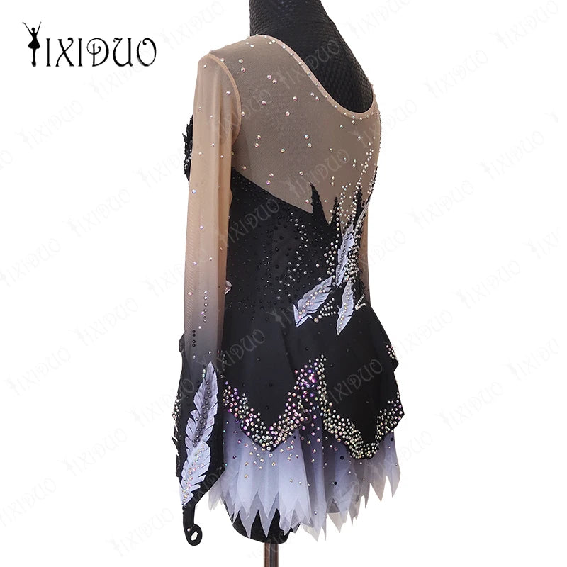 Ice Figure Skating Dress Rhinestone Long Sleeve Spandex Adult Kids