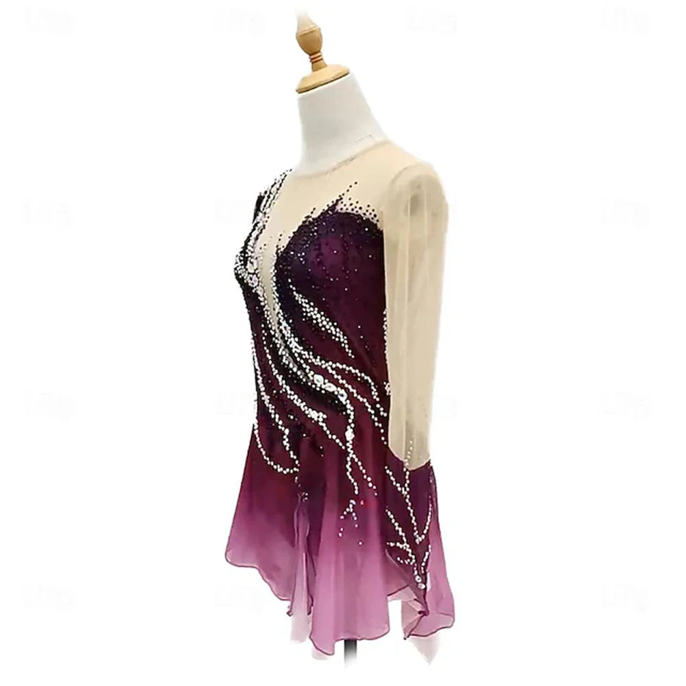 Girls' Ice Skating Dress Burgundy Dark Green Patchwork Thumbhole Mesh High Elasticity Training Competition Skating Wear Classic