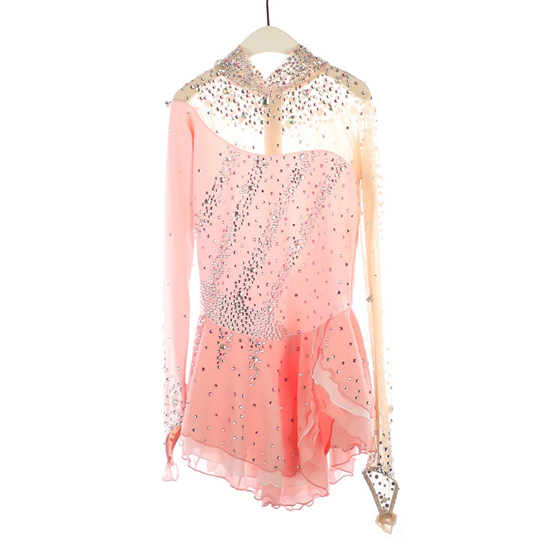 Girls Kids Figure Skating Dress Long Sleeve Pink Shiny Custom