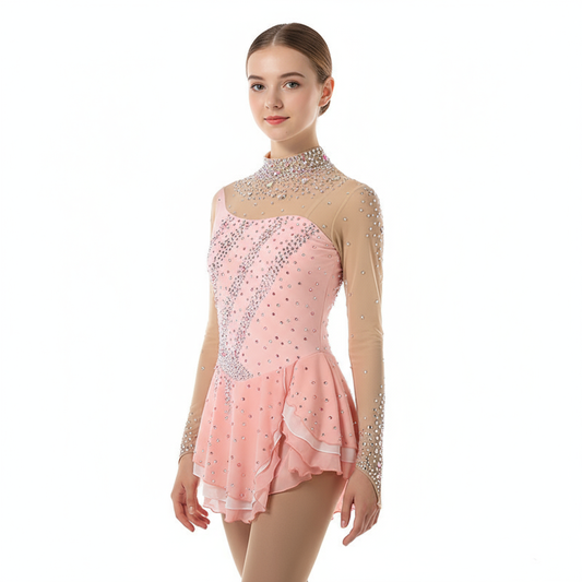 Girls Kids Figure Skating Dress Long Sleeve Pink Shiny Custom