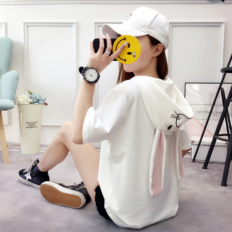 Kawaii Bunny Ears Short Sleeve Hooded T-shirt
