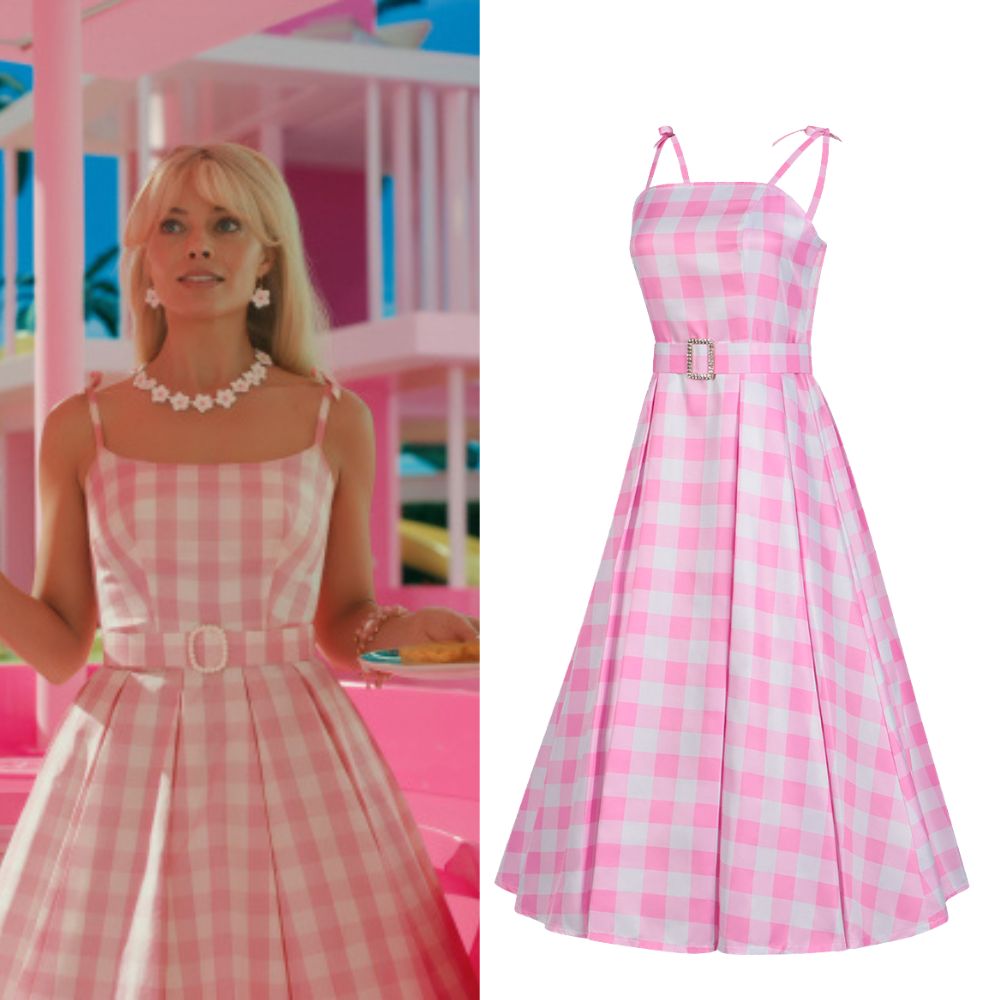 2023-barbie-movie-margot-robbie-pink-plaid-long-dress