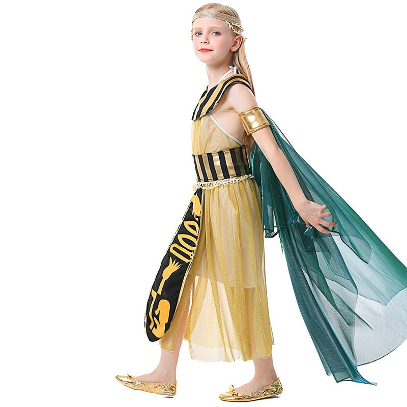 Halloween Cleopatra Costume for Girls Child Kids Egypt Nile Queen Gold Dress Green Cloak Purim Party Book Day Cosplay