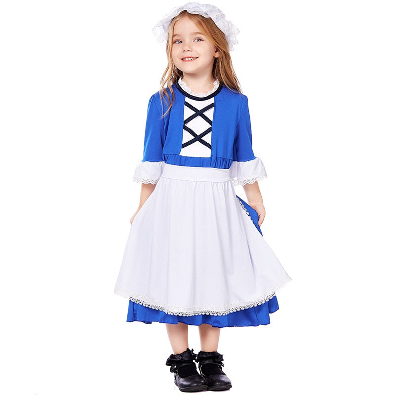 Kids Child Victorian Poor Girl Costume Colonial Village Peasant Girls Dress Brown Carnival Stage Book Day Fantasia