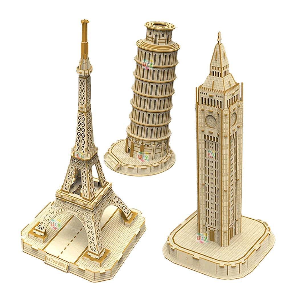 3D Wooden Puzzle Eiffel Tower Leaning of Pisa Empire State Building World Architecture Model DIY Kits Toys Decoration