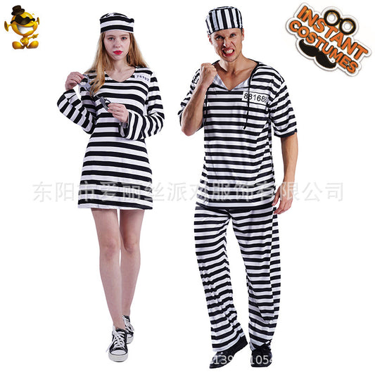 black and white striped prisoner costume for couples halloween cosplay party stage performance