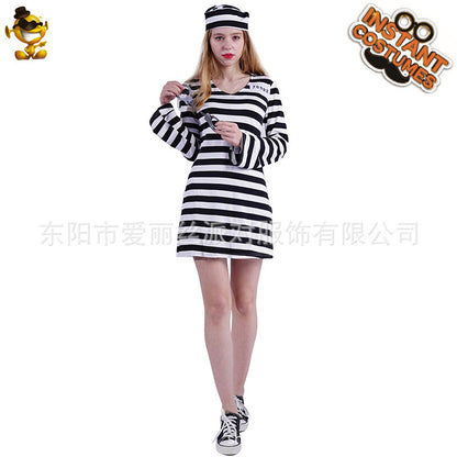 black and white striped prisoner costume for couples halloween cosplay party stage performance