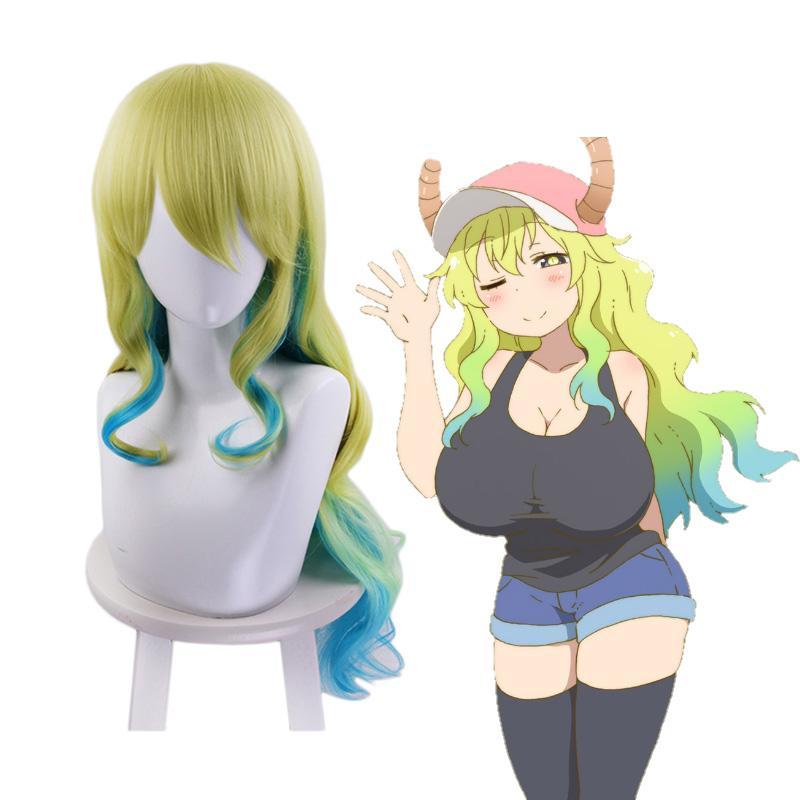 Anime Miss Kobayashi&#39;s Dragon Maid Lucoa Long Wavy Mixed Green Cosplay Wigs