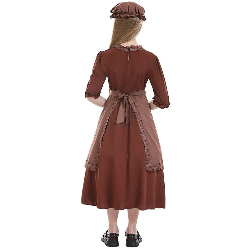 Kids Child Victorian Poor Girl Costume Colonial Village Peasant Girls Dress Brown Carnival Stage Book Day Fantasia