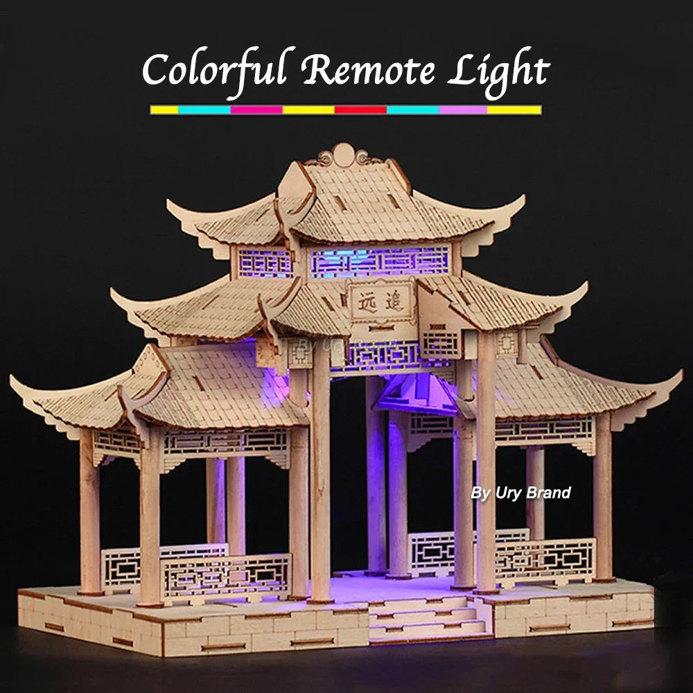 3D Wooden House Chinese Traditional Puzzle with Light Building DIY Model Game Assembly Desktop Toy Gift for Children Adult