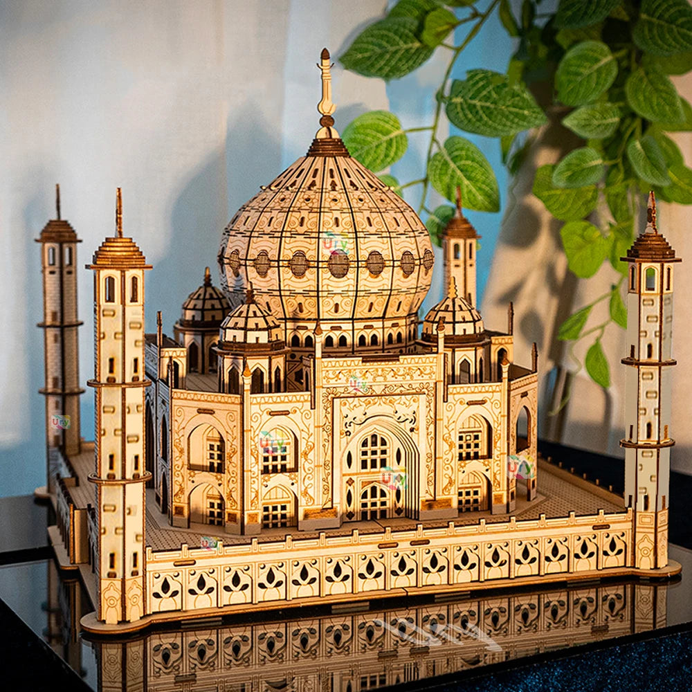 3D Wooden Puzzle House Royal Castle Taj Mahal with Light Assembly Toy for Kids Adult DIY Model Kits Desk Decoration for Gifts