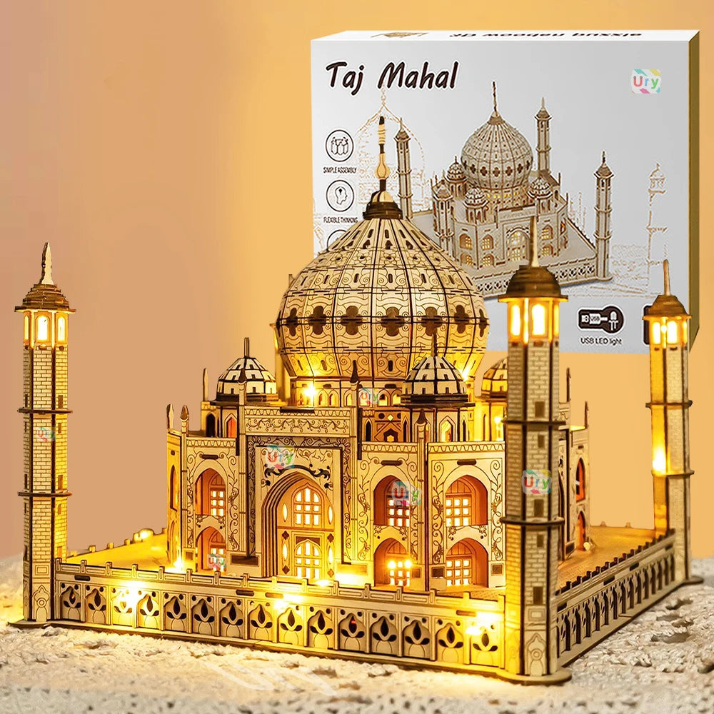 3D Wooden Puzzle House Royal Castle Taj Mahal with Light Assembly Toy for Kids Adult DIY Model Kits Desk Decoration for Gifts